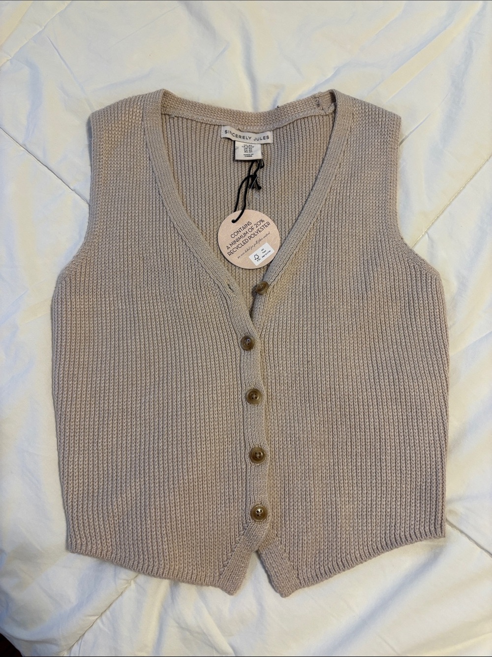 Sincerly Jules Taupe Ribbed V-Neck Button-Front Vest